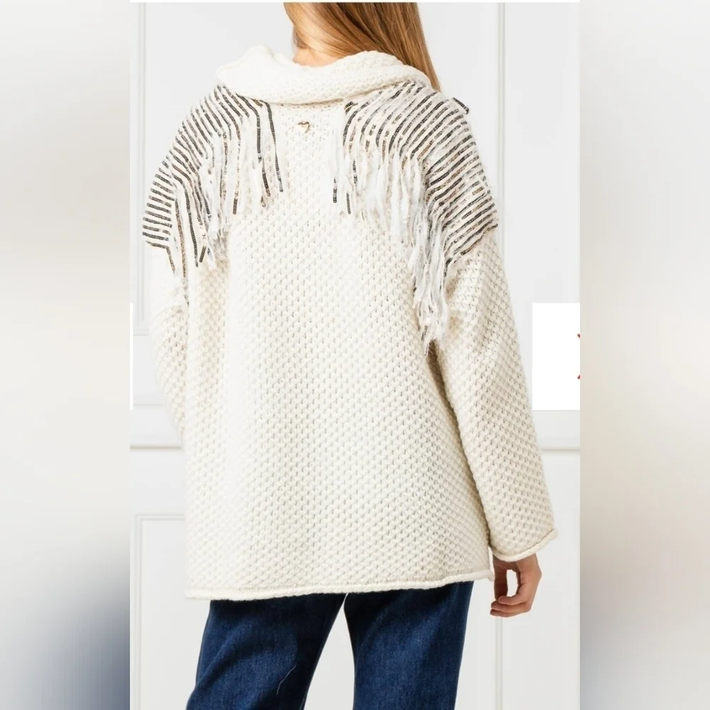 NWT Twinset‎ Milano Fringe Knit Sweater M Ivory Chunky Cable Knit Cowl Neck